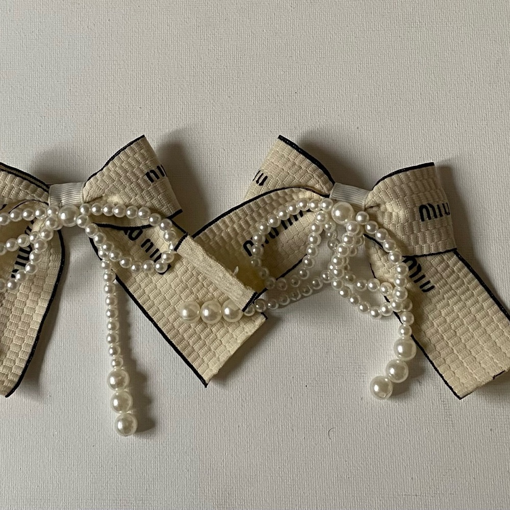 Miu Miu Cream Bow Hair Clips with Pearl Strands
